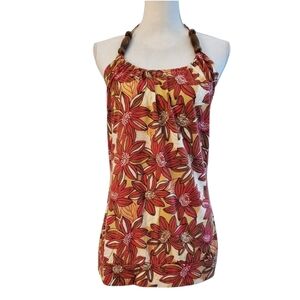 Eyeshadow Sleeveless Boho Halter Pink & Brown Floral Top Wood Bead Neck Size XL